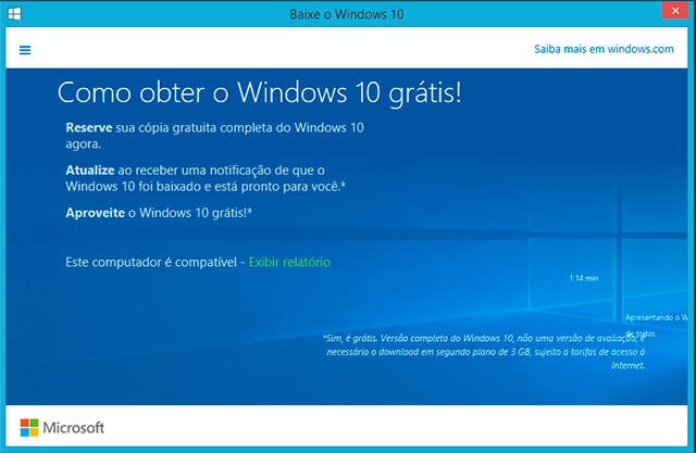 Convite de Instalação Windows 10