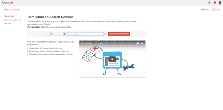 Como anunciar no Google Gratuitamente – Tela Inicial – Adicionando um propriedade – Google Search Console