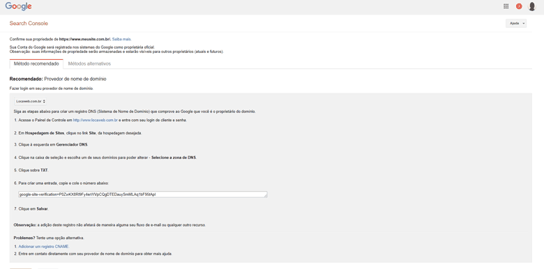 Como anunciar no Google Gratuitamente – Tela Inicial – Adicionando um propriedade – Google Search Console – Selecionando o método de verificação recomendado