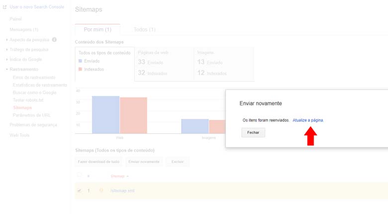 Google Search Console: Atualizando a página