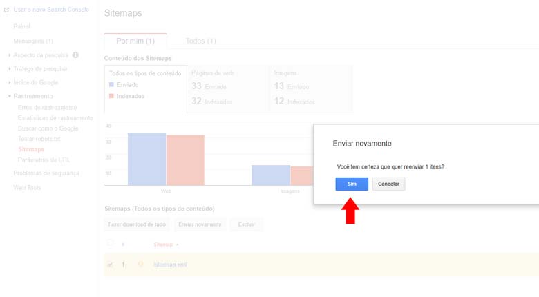 Google Search Console: Confirmando o envio do sitemap